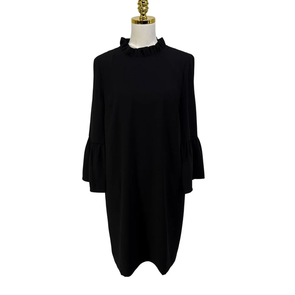 J Crew Womens Black Crepe Ruffle Mock Neck 3/4 Bell Sleeve Shift Dress Size 8